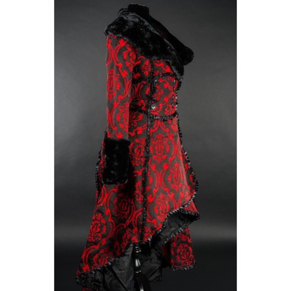 New Heavy Brocade High Low Coat Queen Royal Princess Renaissance Medieval Red - Picture 5 of 8